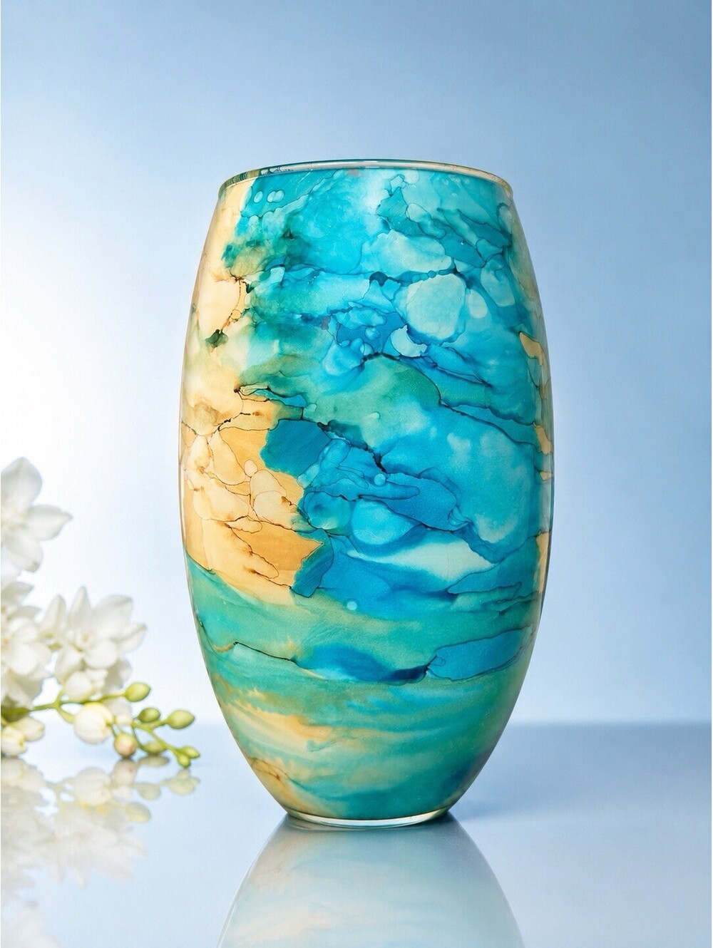 Vidi Glass Italy 1990s Art Glass Vase Watercolor Hand Painted Alcohol Ink, 6x11"
